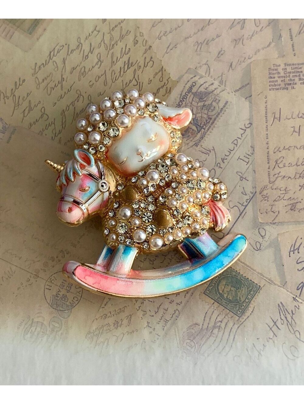 Adorable Pearl Poodle on Rocking Horse Brooch Pin Cute Accessory